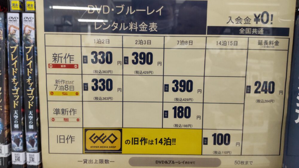 沖縄県のゲオの店舗の料金表